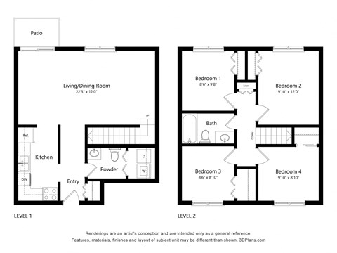 Floor plan for 4 beds, 1.5 baths, 1108 sqft